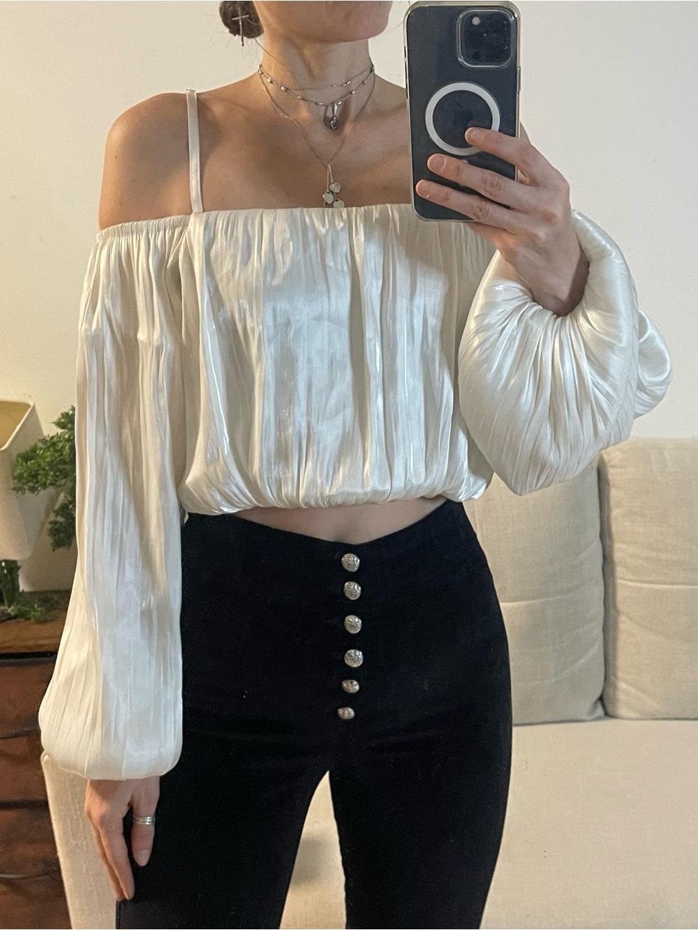 Forever 21 White Pleated Satin Cold Shoulder Blouse - Size S